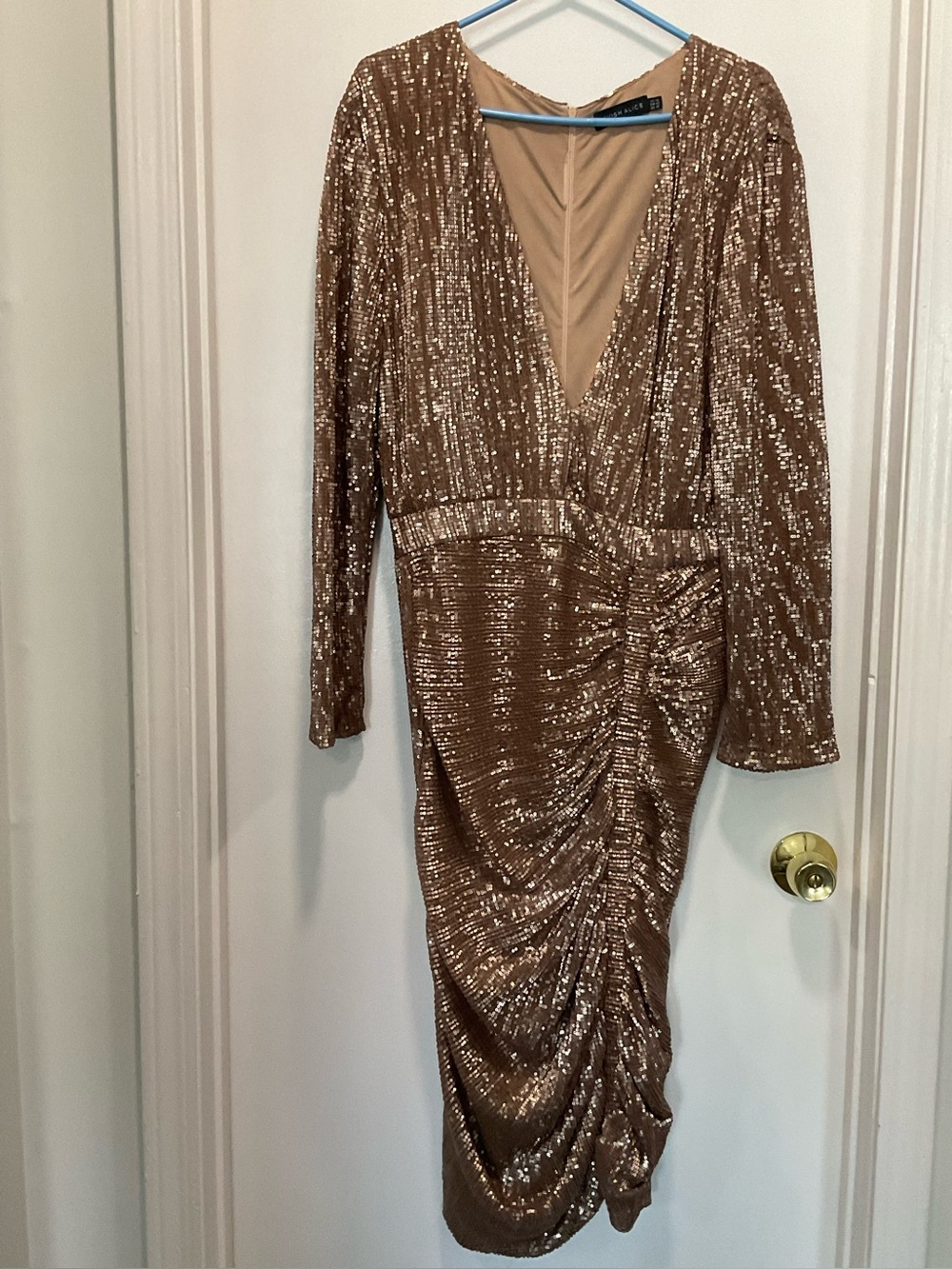 Lavish Alice Bronze Sequin Ruched Long Sleeve V-Neck Dress
